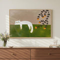 Large Framed Cozy Cat Neutral Green Canvas Wall Art Bedroom, 24x36 Inch