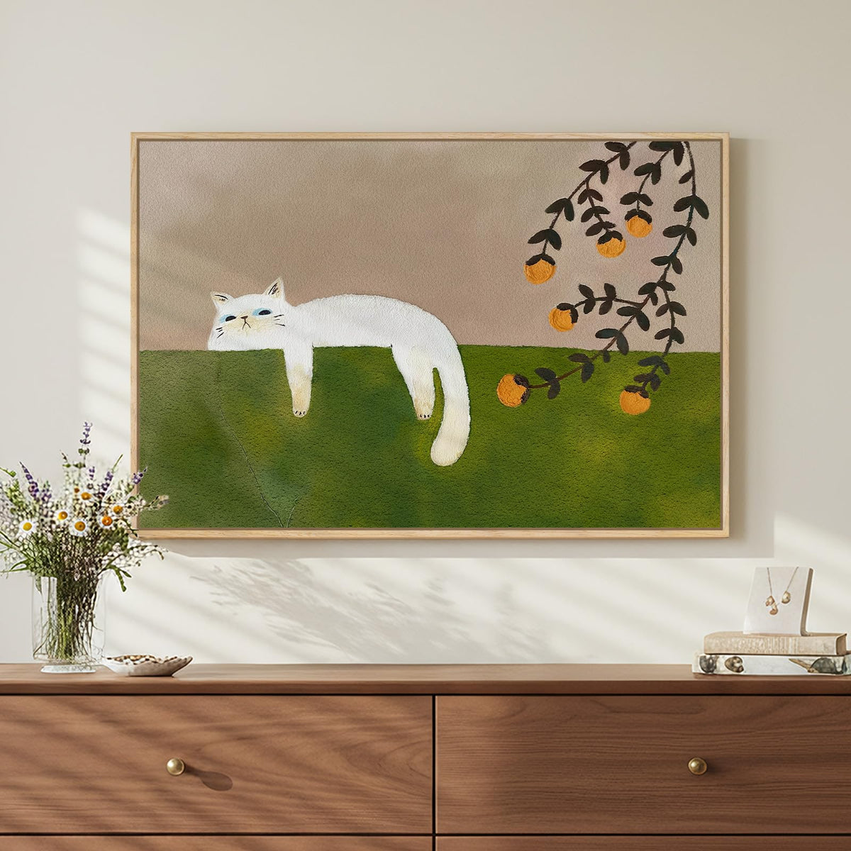 Large Framed Cozy Cat Neutral Green Canvas Wall Art Bedroom, 24x36 Inch