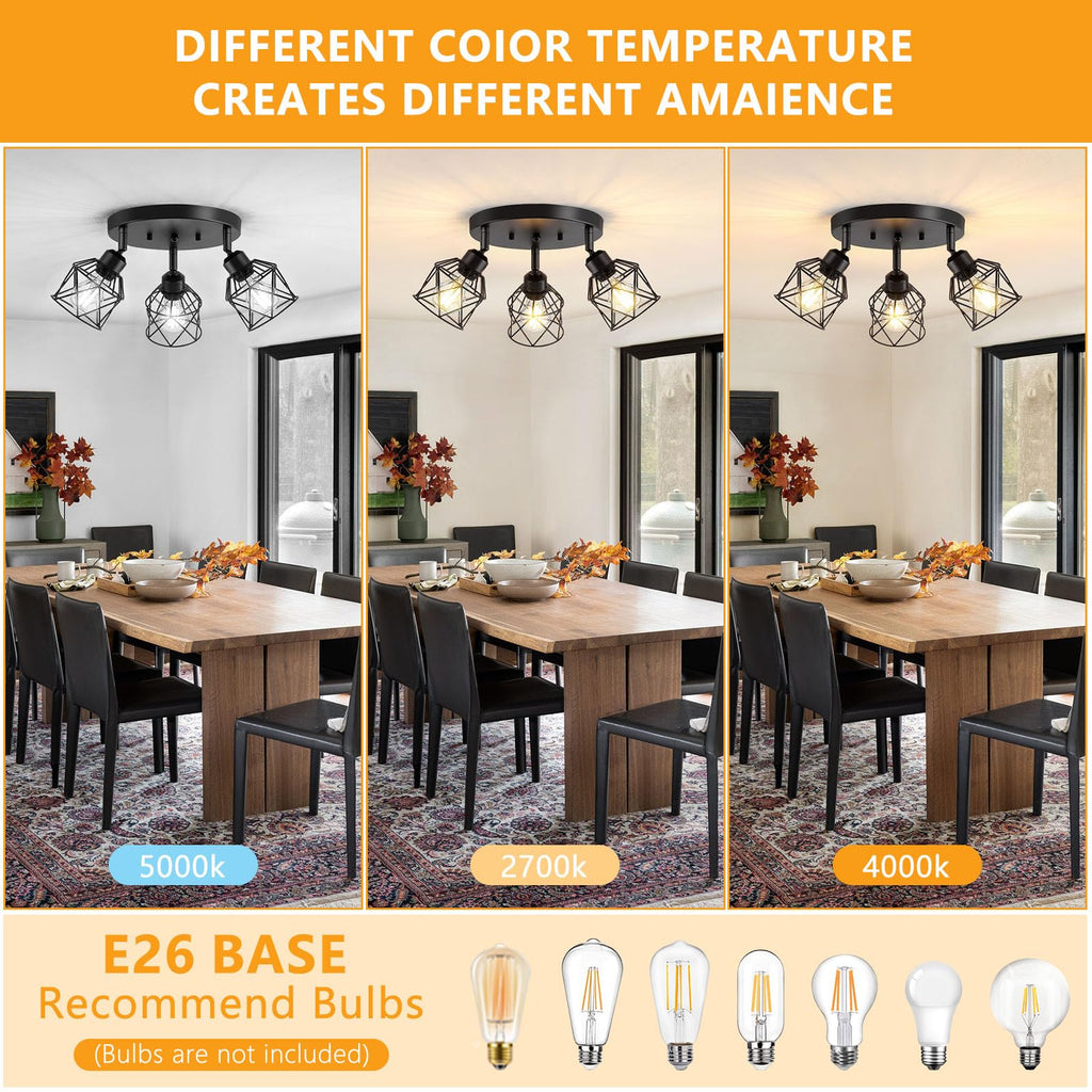 3-Light Kitchen Flush Mount Ceiling Light, Adjustable Multi-Directional Ceiling Light Fixture, Farmhouse Black Metal