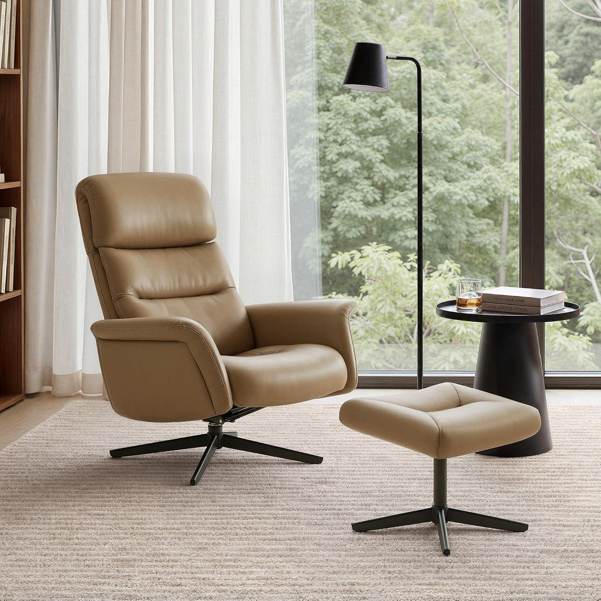 Modern Reclining Swivel Lounge Chair and Ottoman — Genuine Leather