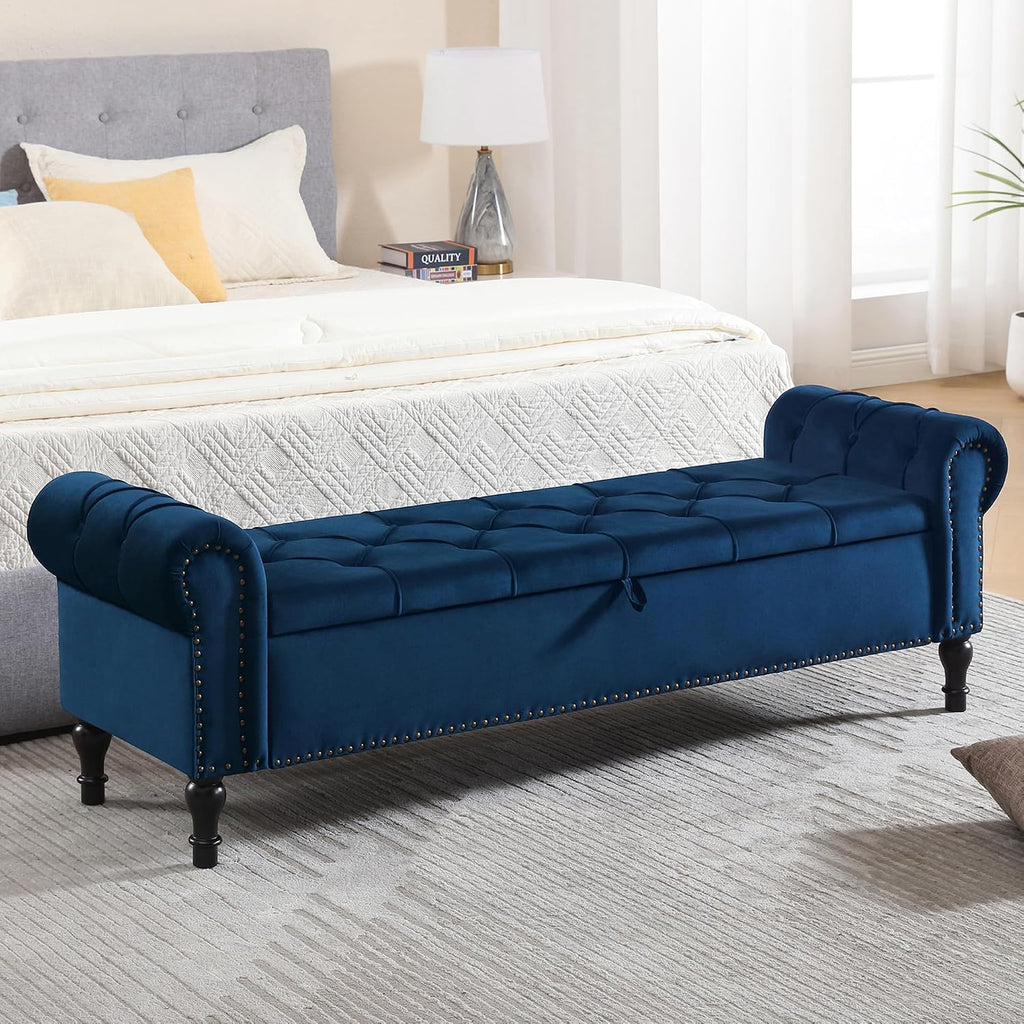 Velvet Storage Bench 67 Inch Upholstered Tufted Ottoman Bench with Arms Large Storage Space King Size End of Bed