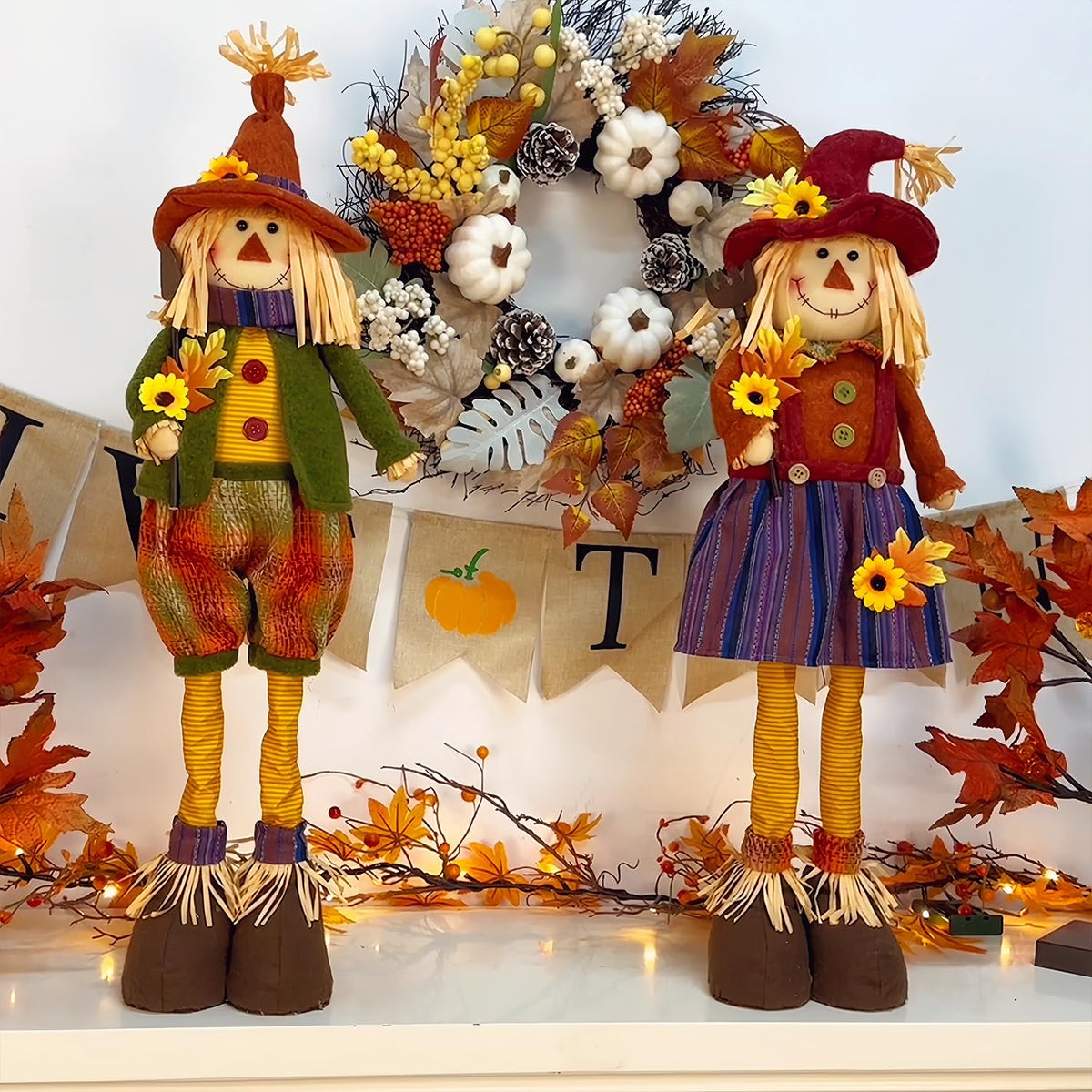 2 Pack Fall Decorations Large Scarecrows with Stretchable Legs, 28" Standing Scarecrow Thanksgiving Harvest Autumn