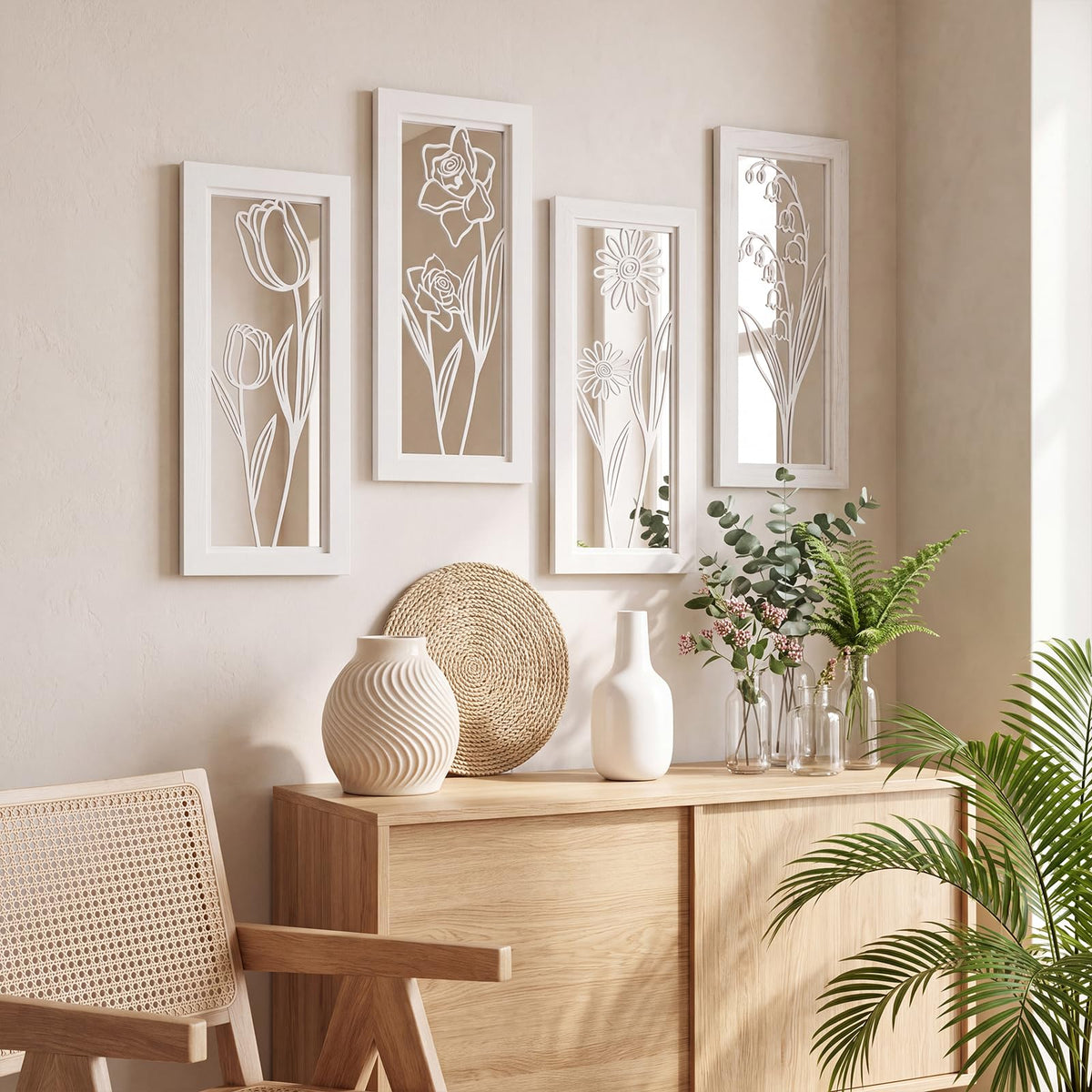 4 Set Rustic Wall Mirrors Bathroom Living Room Entryway Wood Farmhouse Rectangular Easy to Hang Framed Decorative