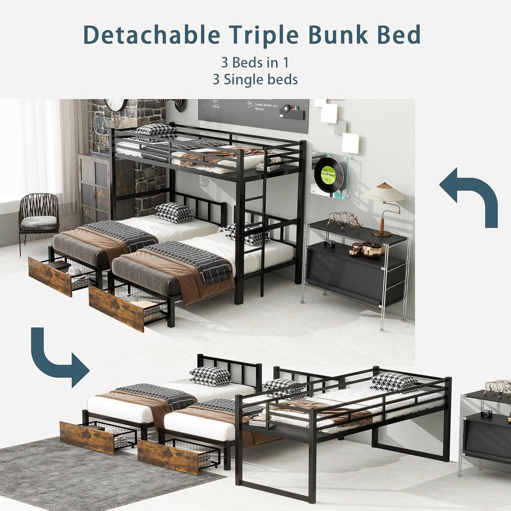Triple Bunk Bed for Kids,Detachable TwinXL Over Twin Over Twin Metal Bunk Bed with Guardrails,Ladder & Storage,Converts to 3 Separate Beds,Easy to Assemble(3 Bunk Beds for Kids)