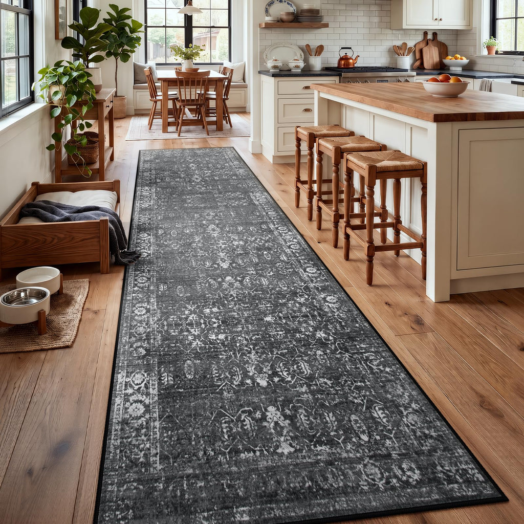 Black Vintage Carpet Runners 12ft, Washable Long Runner Rug Indoor Floor Non-Slip, Distressed Super Soft Throw Carpet