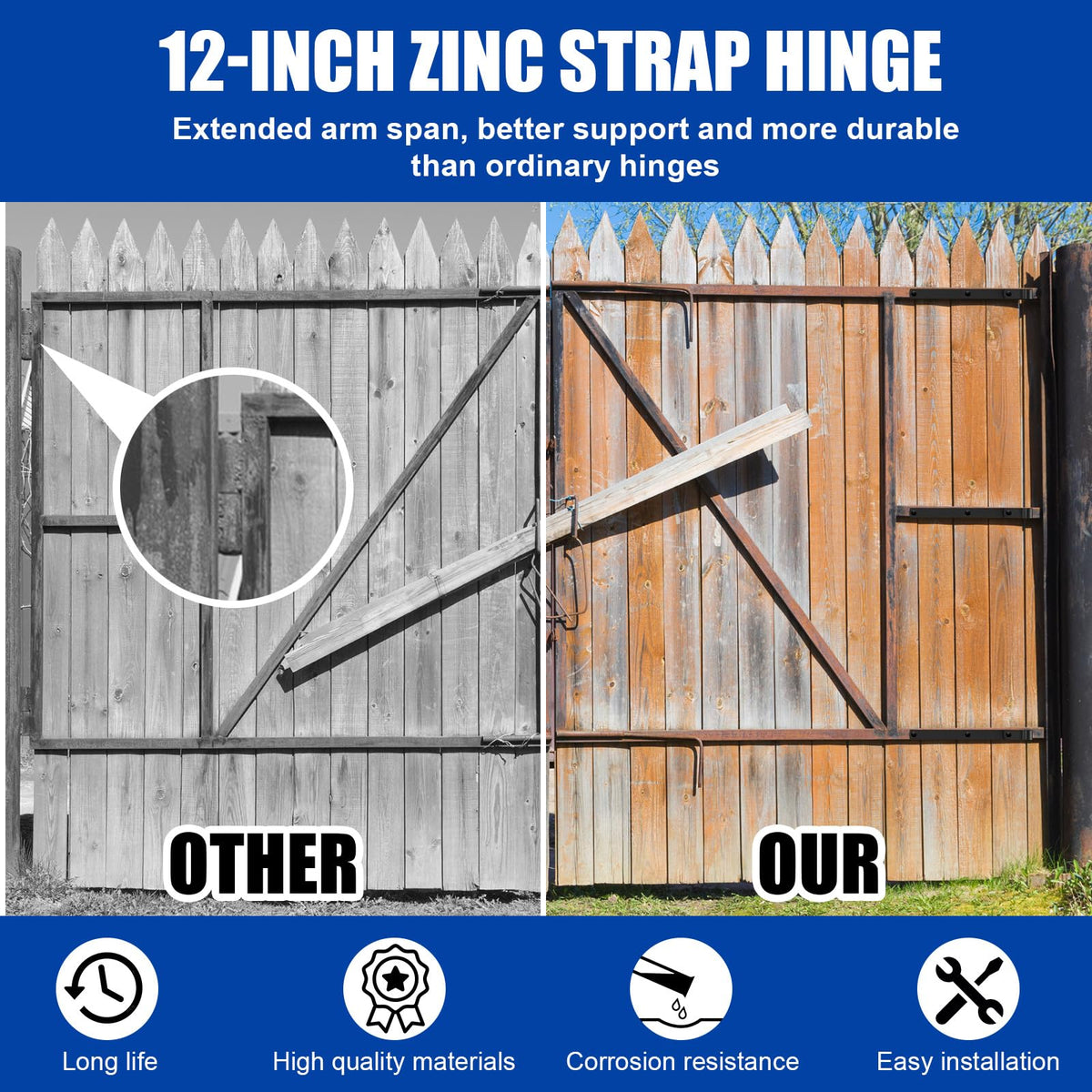 4 Pack 16" Zinc Strap Hinge Heavy Duty for Gate, Barn, Shed, Black