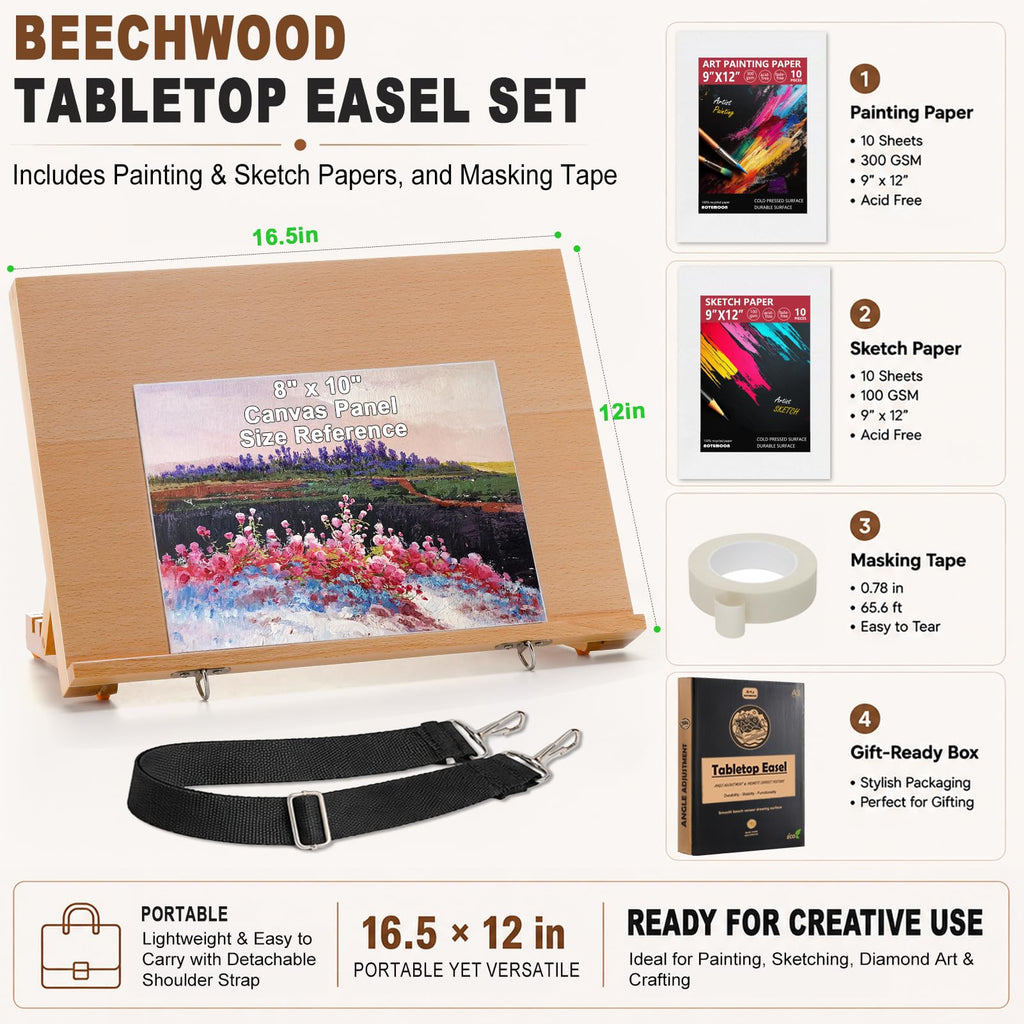 16.5"x12" Beechwood Tabletop Easel with Paint and Sketch Papers, Mask Tape