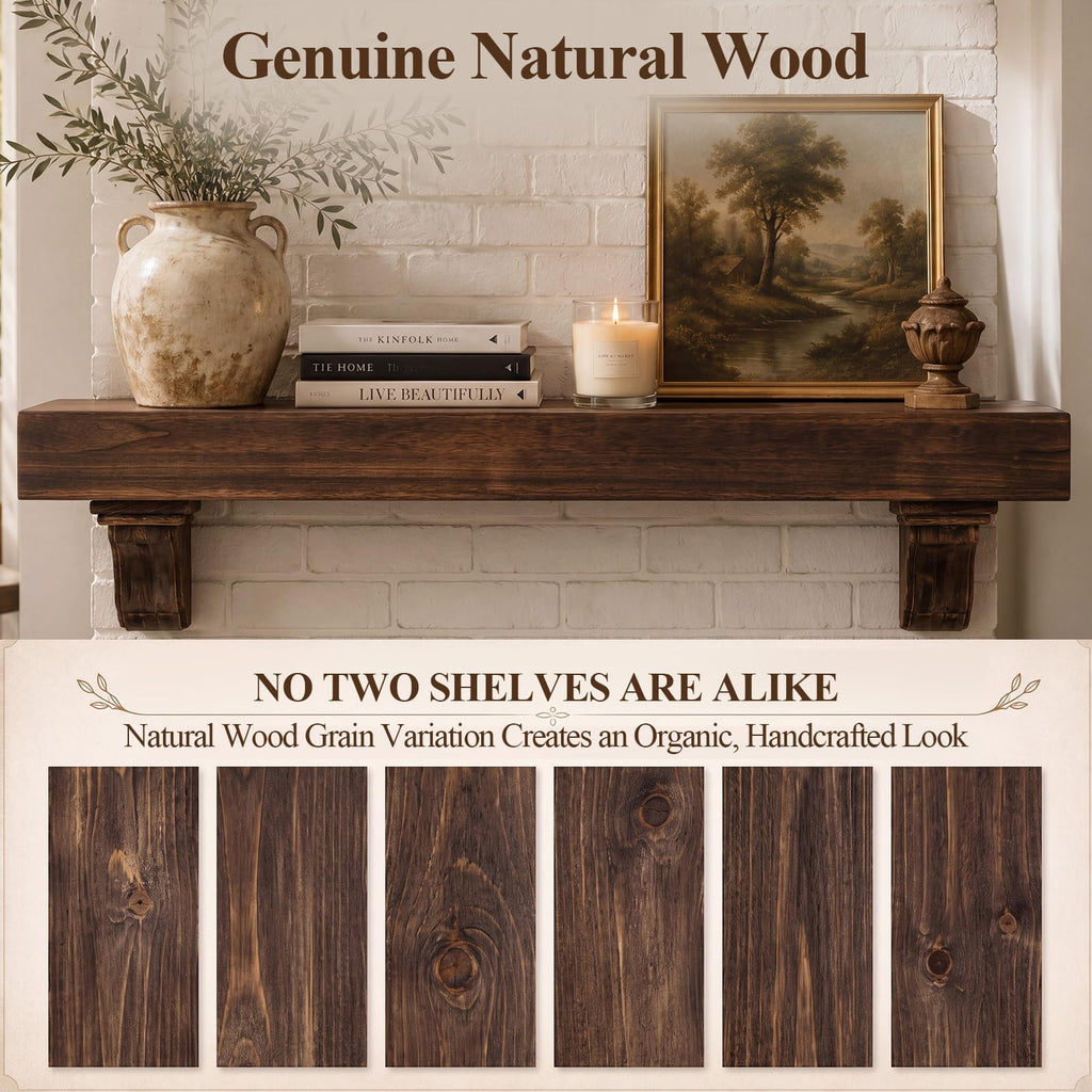 72 Inch Fireplace Mantel Shelf with Corbels Solid Wood Rustic Walnut Finish