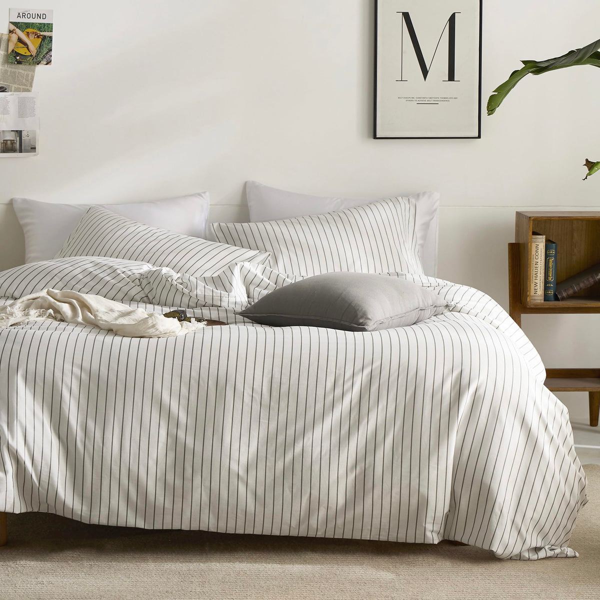 100% Cotton Vertical Stripe Duvet Cover Set, Grey