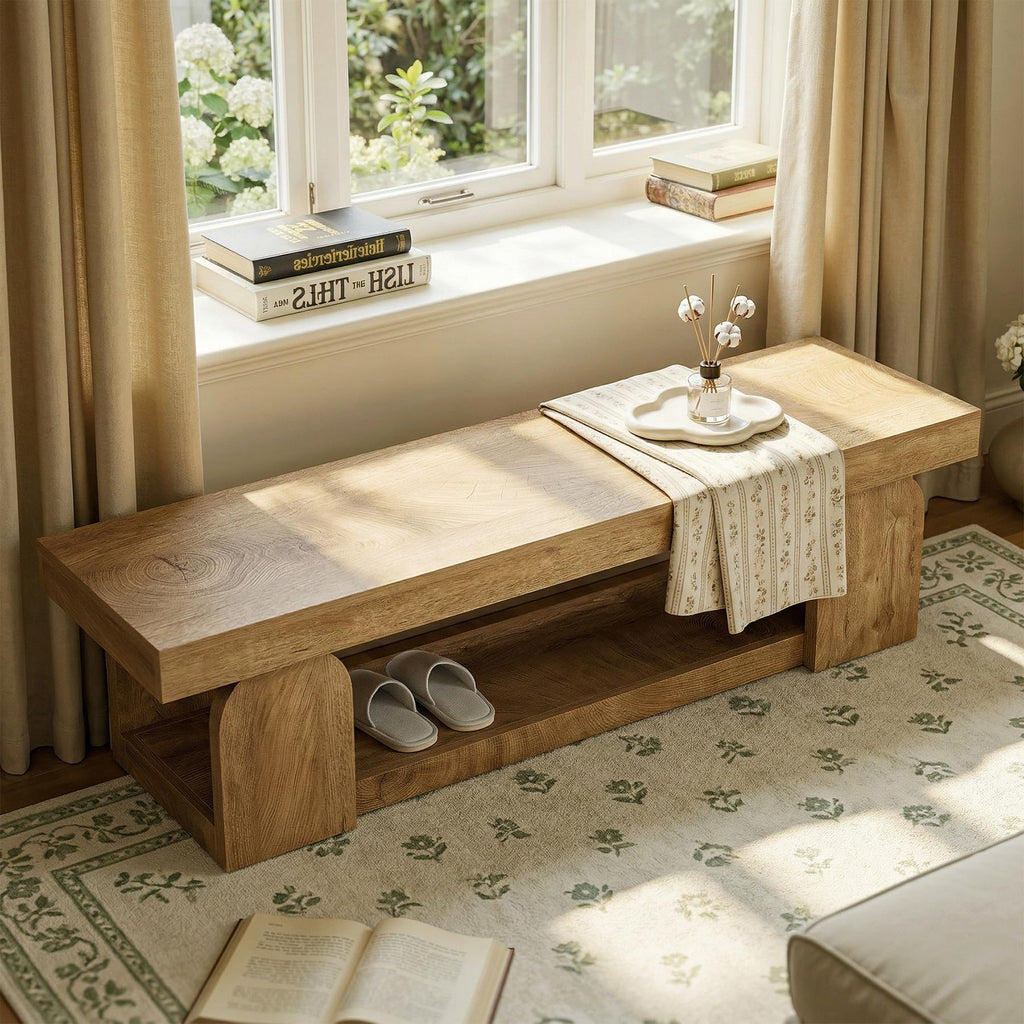 63-Inch Long Entryway Bench, Farmhouse Entry Shoe Bench with Storage Shelf, Wooden Indoor End of Bed Bench Seat