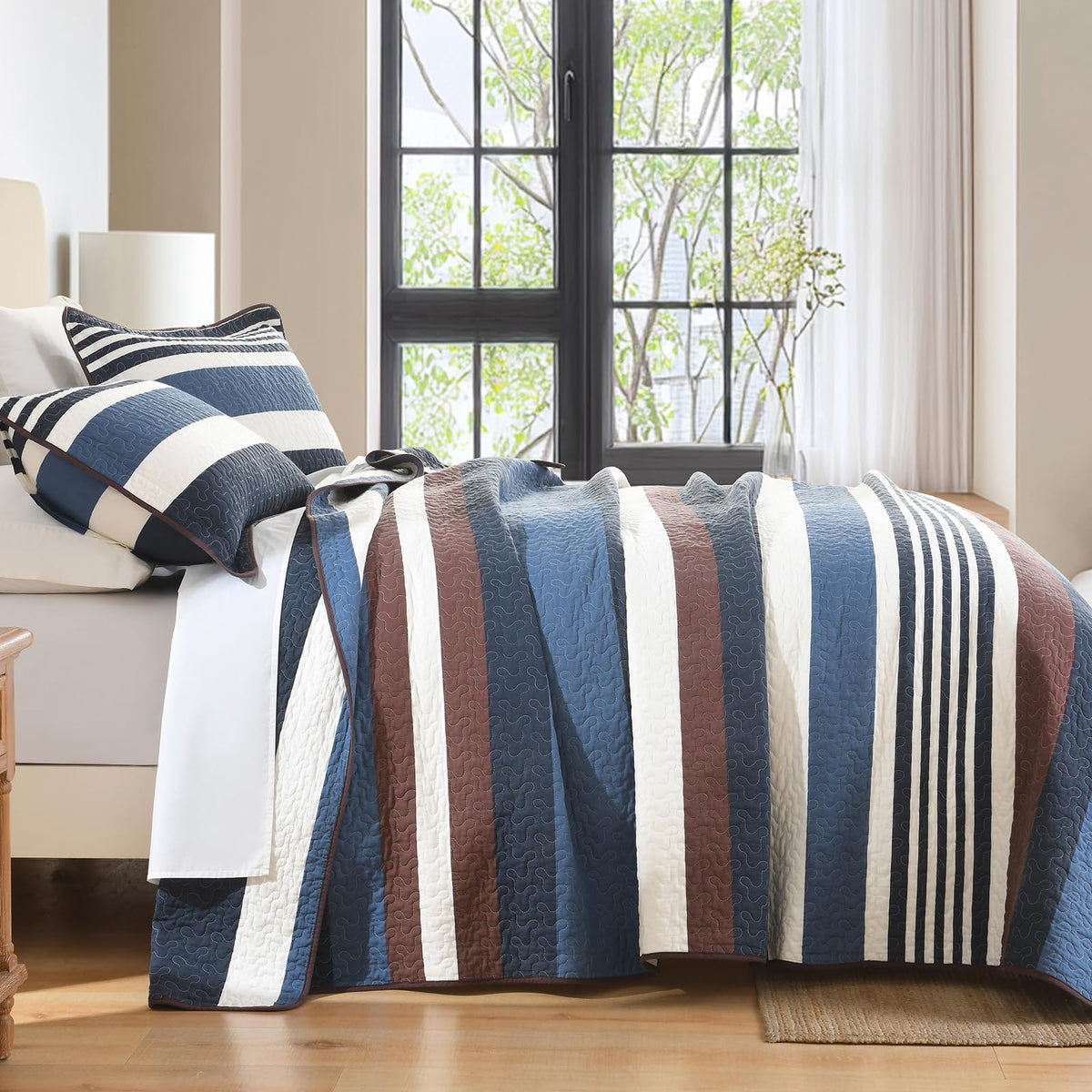 Quilts, Blue Brown/Cream Striped Design Quilt Set