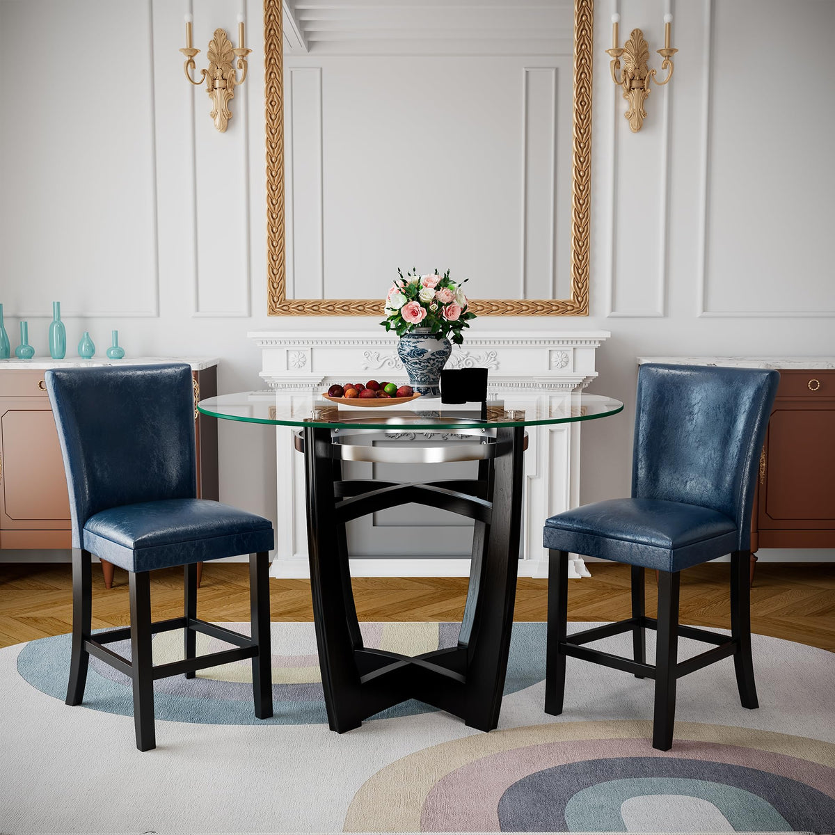 Glass Pub Dining Set for 4, 45" Round Table + 4 Blue PU Stools