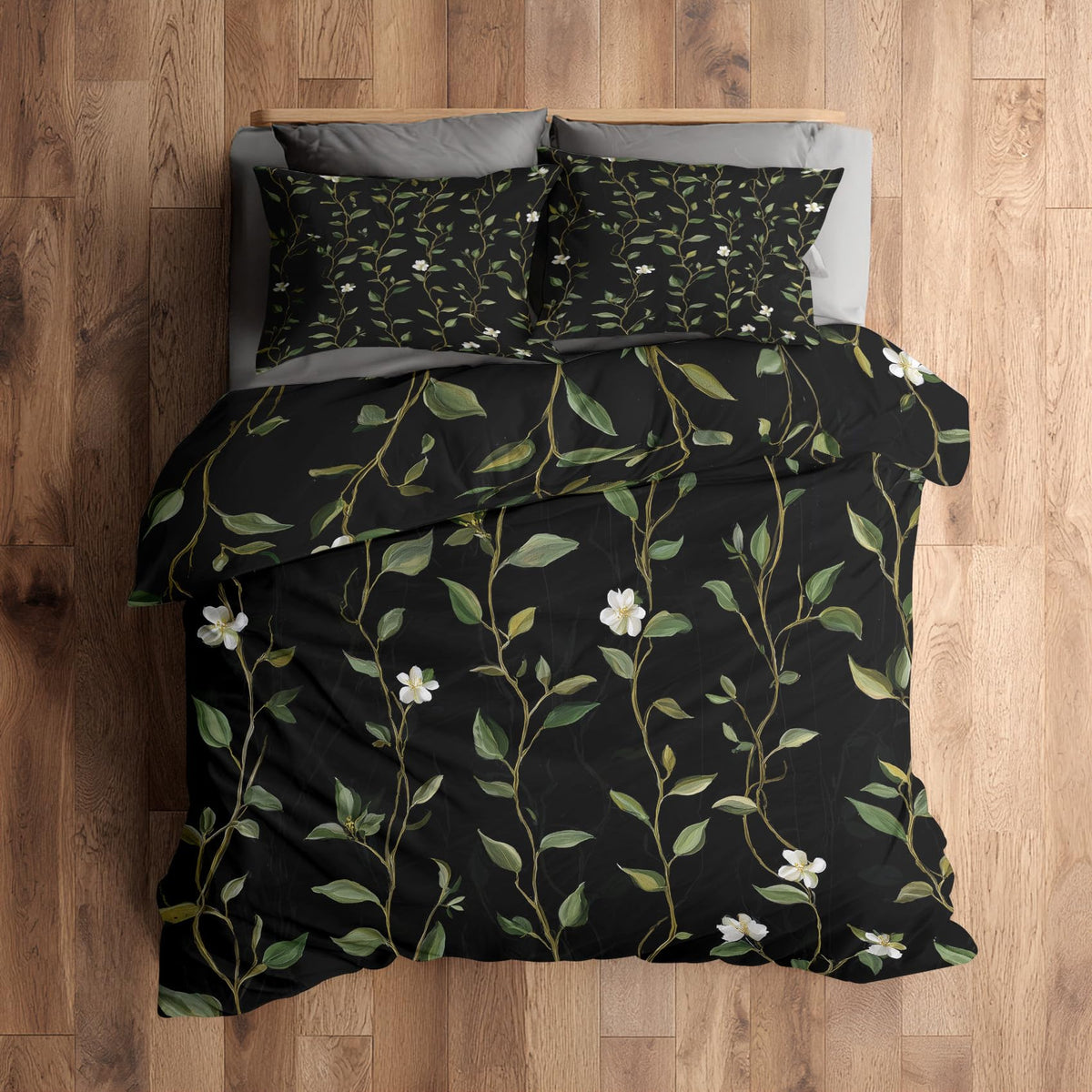 Botanical Duvet Cover, Tree Stripe Floral Black Green Reversible Design Bedding Set 2 Piece, Botanical