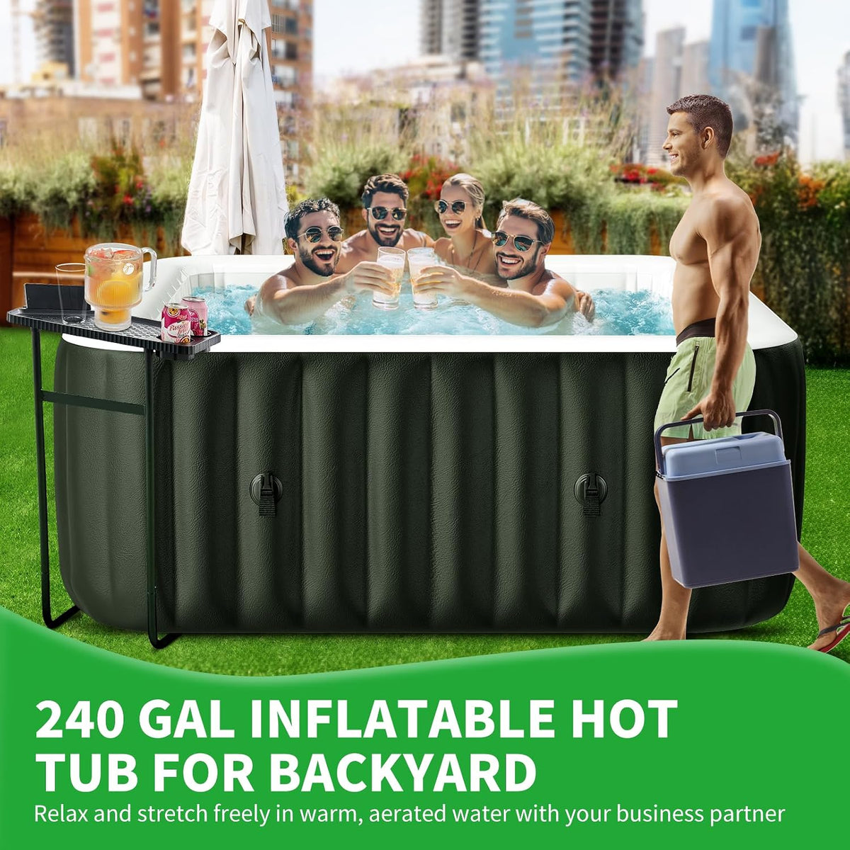 Inflatable Blow Up Hot Tub, 4-6 Person Square Portable Hot Tub, Leak-Proof PVC Outdoor Spa with 130 Strong Air Jets