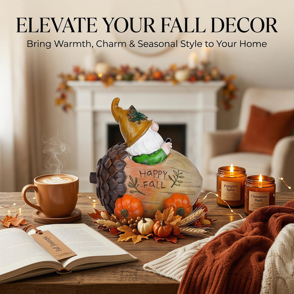 Fall Gnome Figurine with Acorn Car & Pumpkin Wheels, Happy Fall
