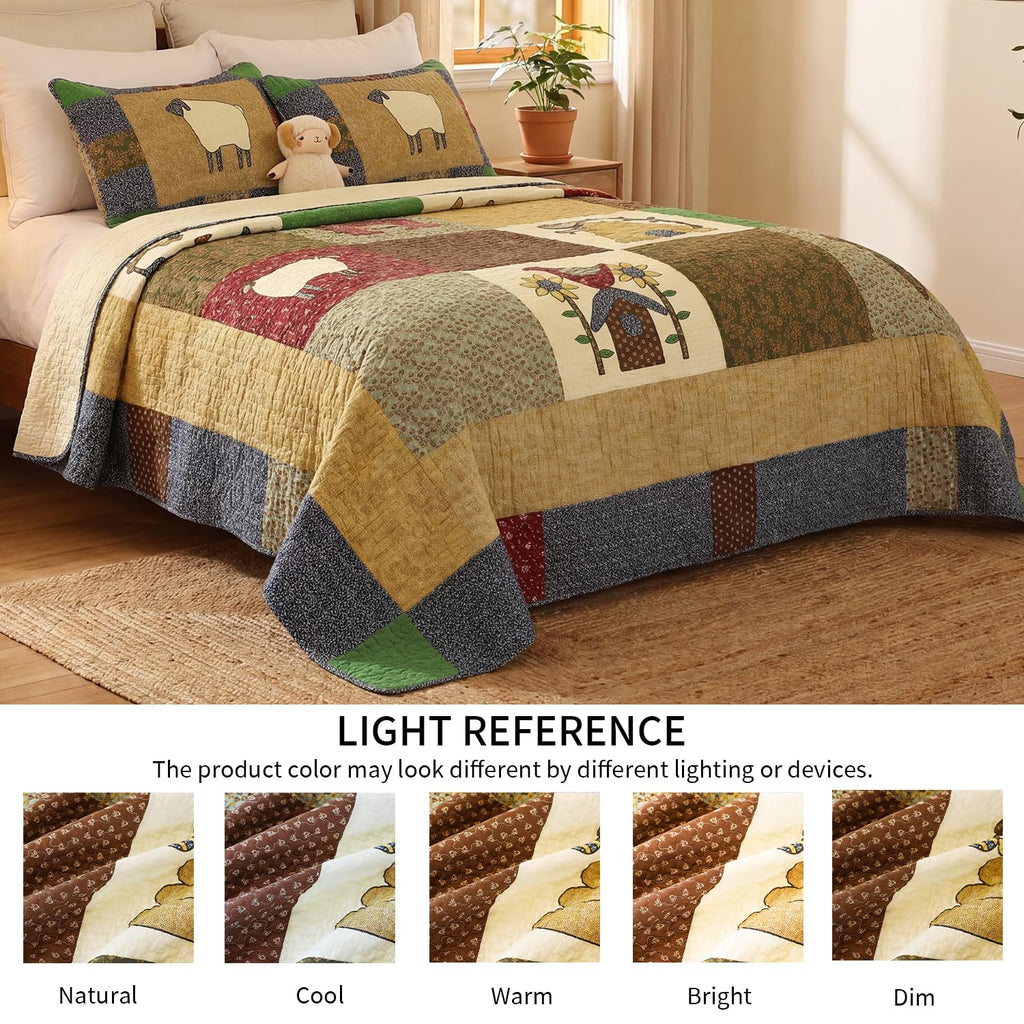 100% Cotton Patchwork Quilt Set, Farmhouse Bedding, 3-Piece