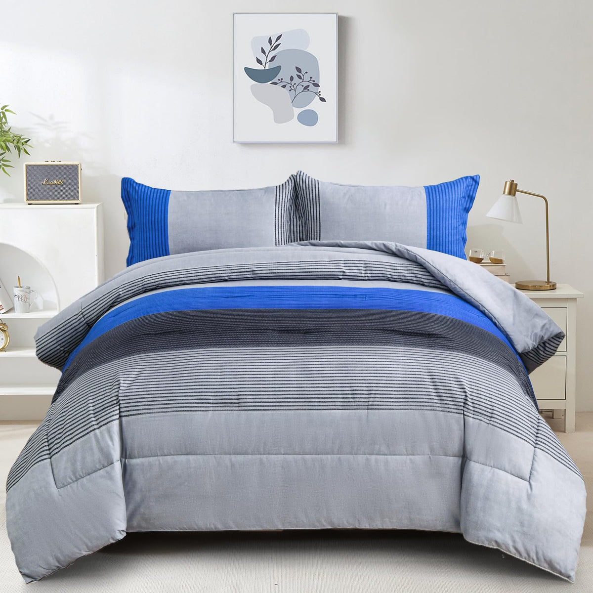 Blue Stripe Comforter Set Reversible Grey Blue Bedding Comforter Set for Bed, 2 Pieces (1 Comforter+1