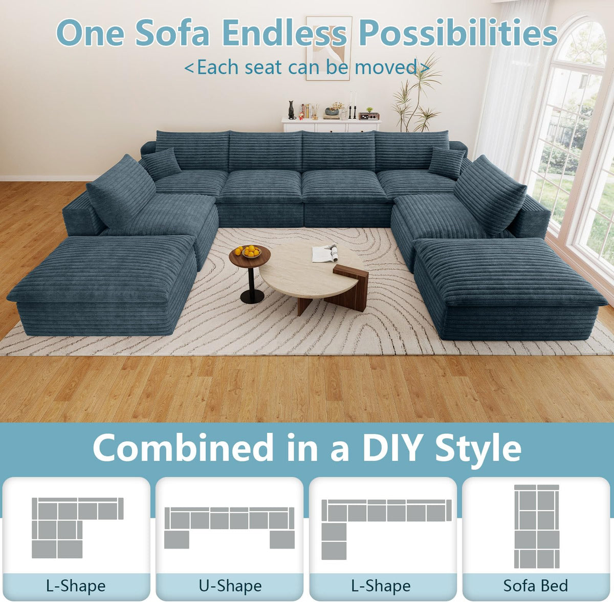 136" Cloud Sectional Couch with U-Shaped Chaise, 6-Seater Corduroy Viral Boneless Sofa with Ottoman, Memory Foam