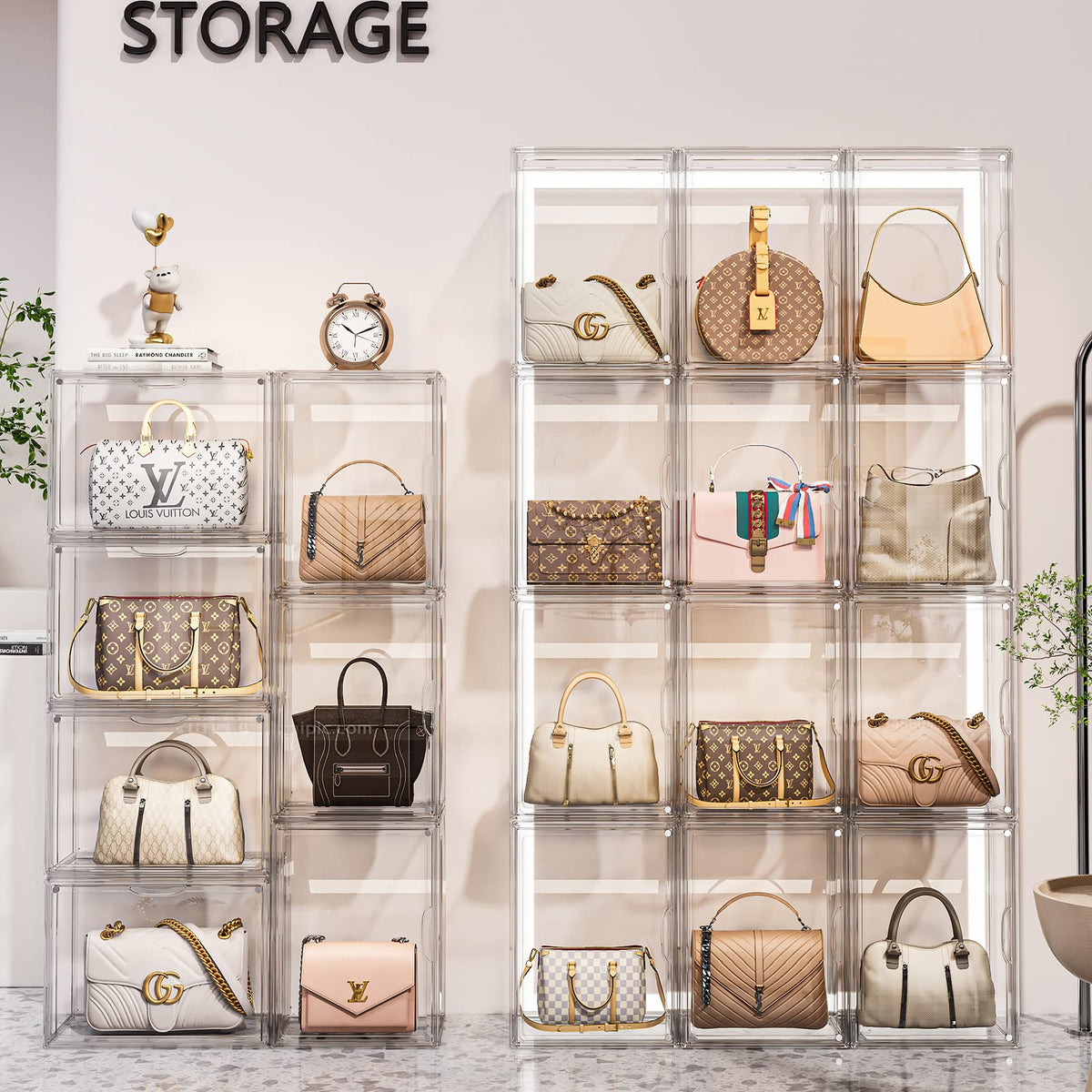 Clear Purse Organizer for Closet, 5 Pack Handbag Storage Organizer, Acrylic Display Case for Collectibles , Stackable