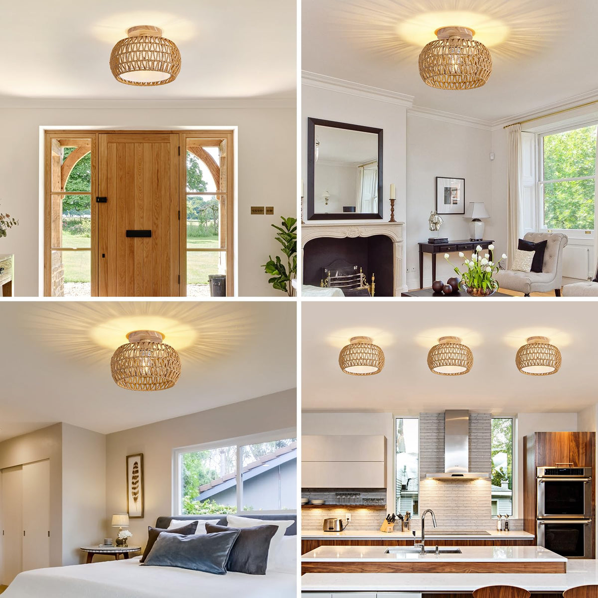 Rattan Boho Flush Mount Ceiling Light - 12′′ Bohemian Wicker Light Fixtures