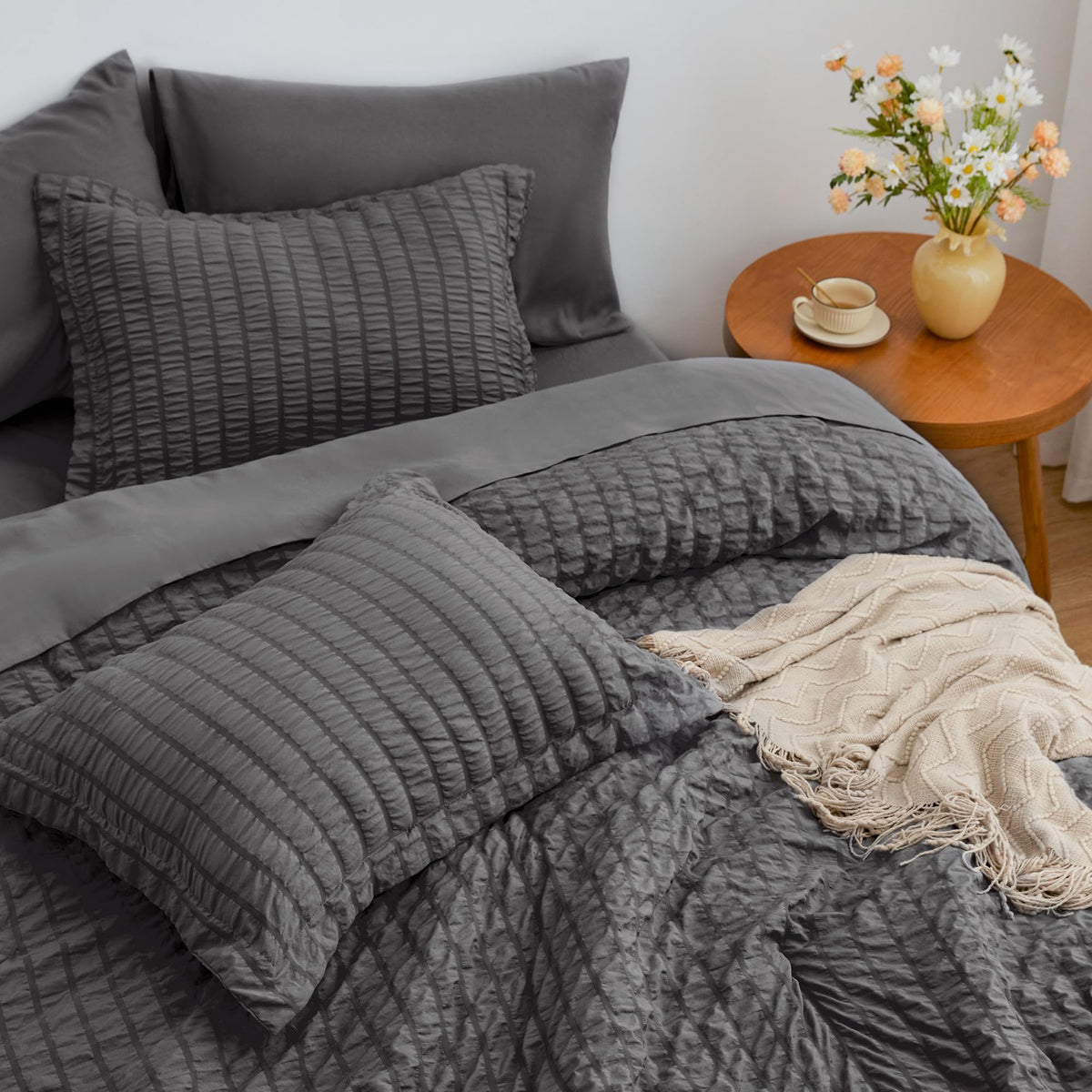 Seersucker Dark Grey California King Comforter Set, 7-Piece Bed in a Bag