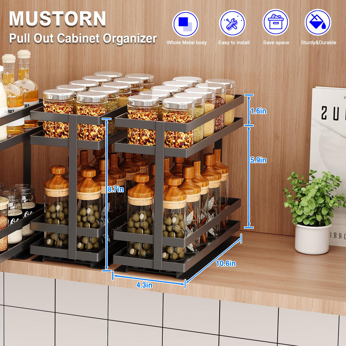 2 Pack Pull Out Spice Rack Organizer for Cabinet, 2 Tier Metal Slide Out Seasoning Organizer and Storage Heavy Duty