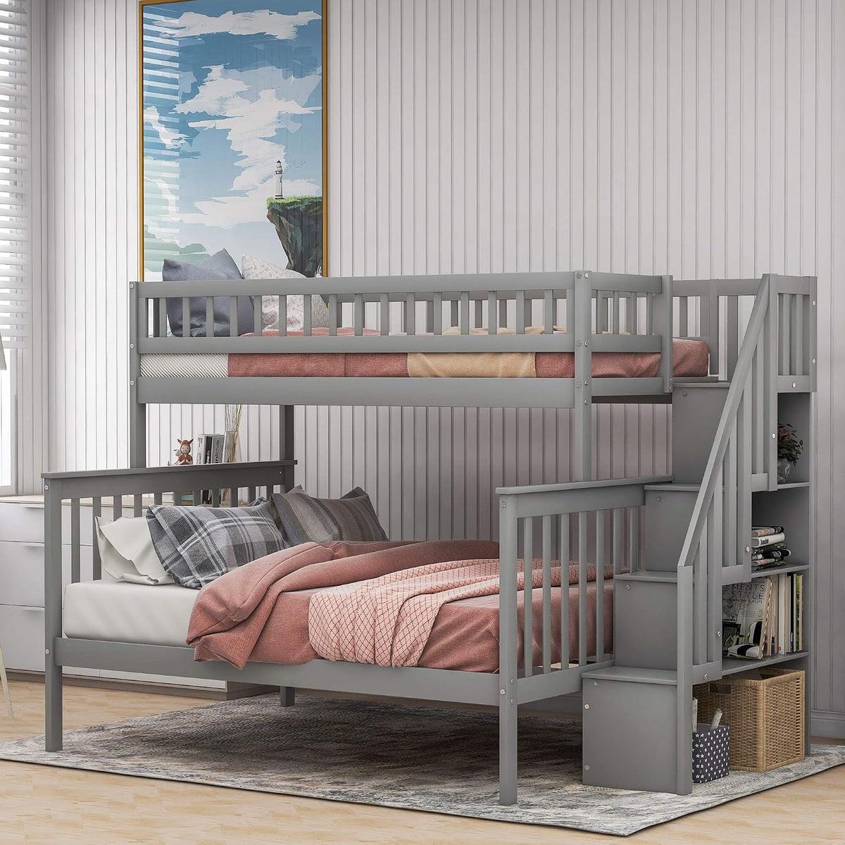 Twin Over Full Bunk Bed with Stairs, Wood Bed Frame with Storage Space and Guard Rail for Bedroom, Dorm, for Teens