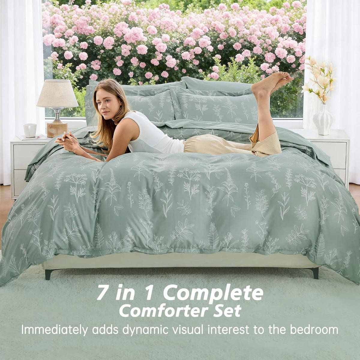 Full Comforter Set, Sage Green Elegant Floral Print Bed in a Bag 7 Pieces, Ultra Soft & Breathable Reversible - Set of 7