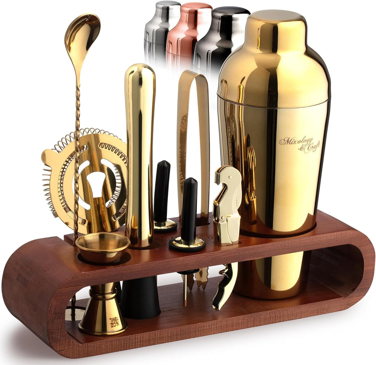 Cocktail Shaker Set with Dark Bamboo Stand - Professional 10-Piece Bartender Kit - Complete Bar Set & Cocktail Mixer - Set of 10