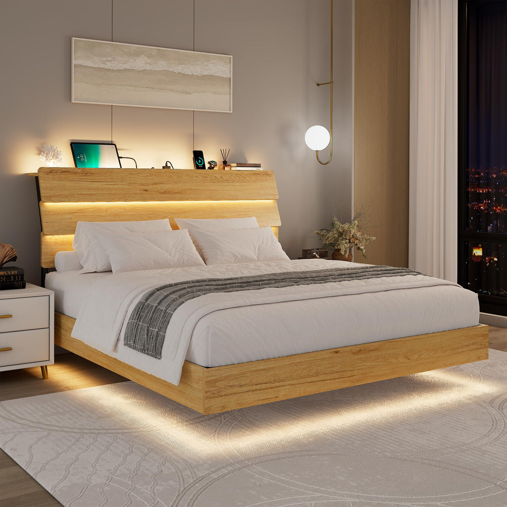 Floating Bed Frame Queen with Led Lights and Charging Station, Wood Queen Size Bed Frame with Storage Headboard