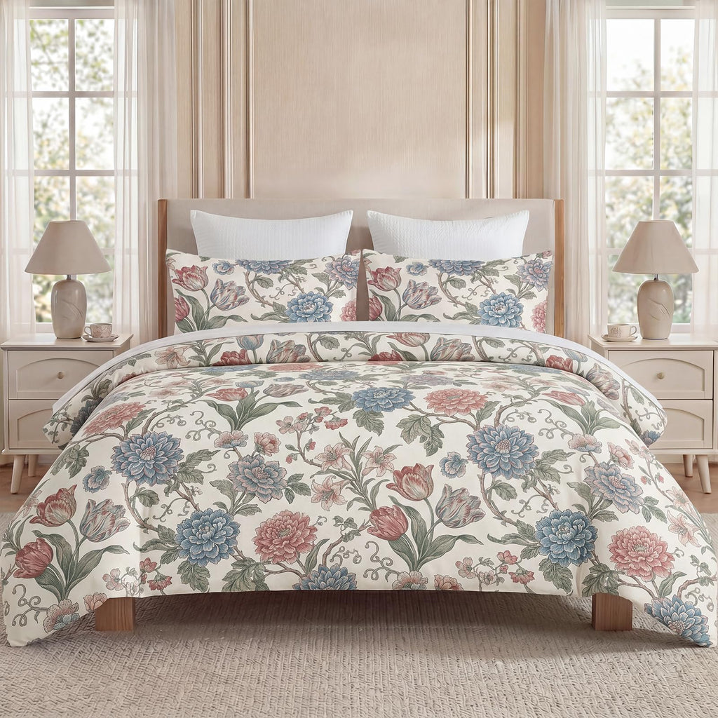 100% Cotton Duvet Cover Set, Digital Printed Vintage Floral Botanical Duvet Cover with Zipper Closure & 8