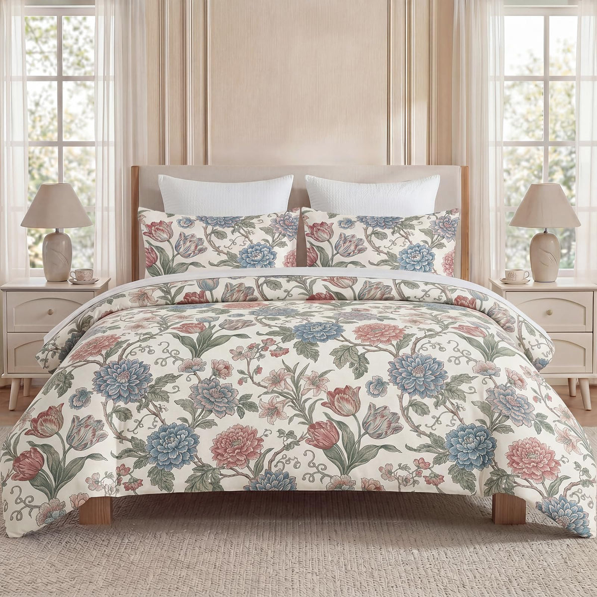 100% Cotton Duvet Cover Set, Digital Printed Vintage Floral Botanical Duvet Cover with Zipper Closure & 8