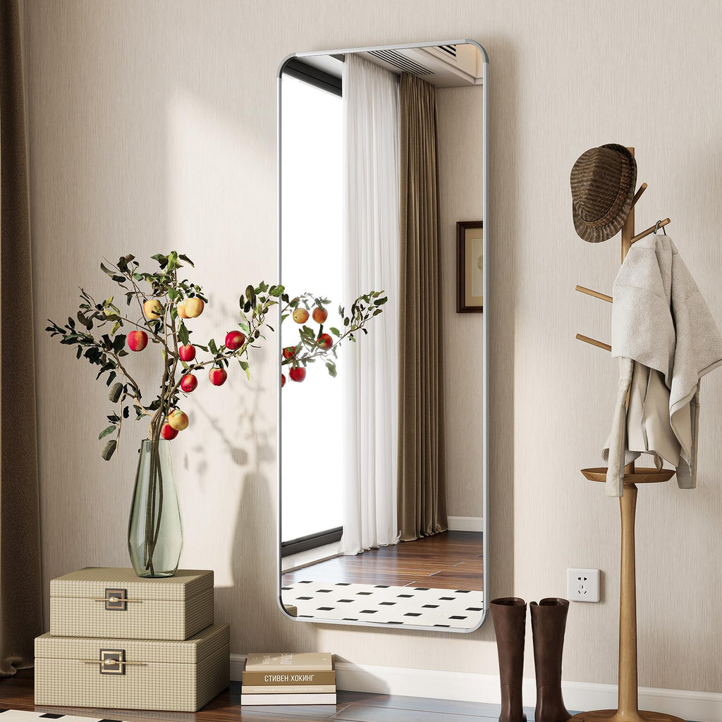 56" x 21" Rounded Corner Full Length Mirror with Stand, Silver