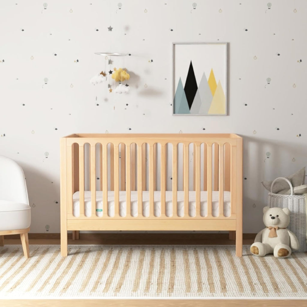 Galileo Standard Crib, Solid Beech Wood in Natural Color, 3-in-1 Convertible Crib with Toddler Bed Conversion Kit