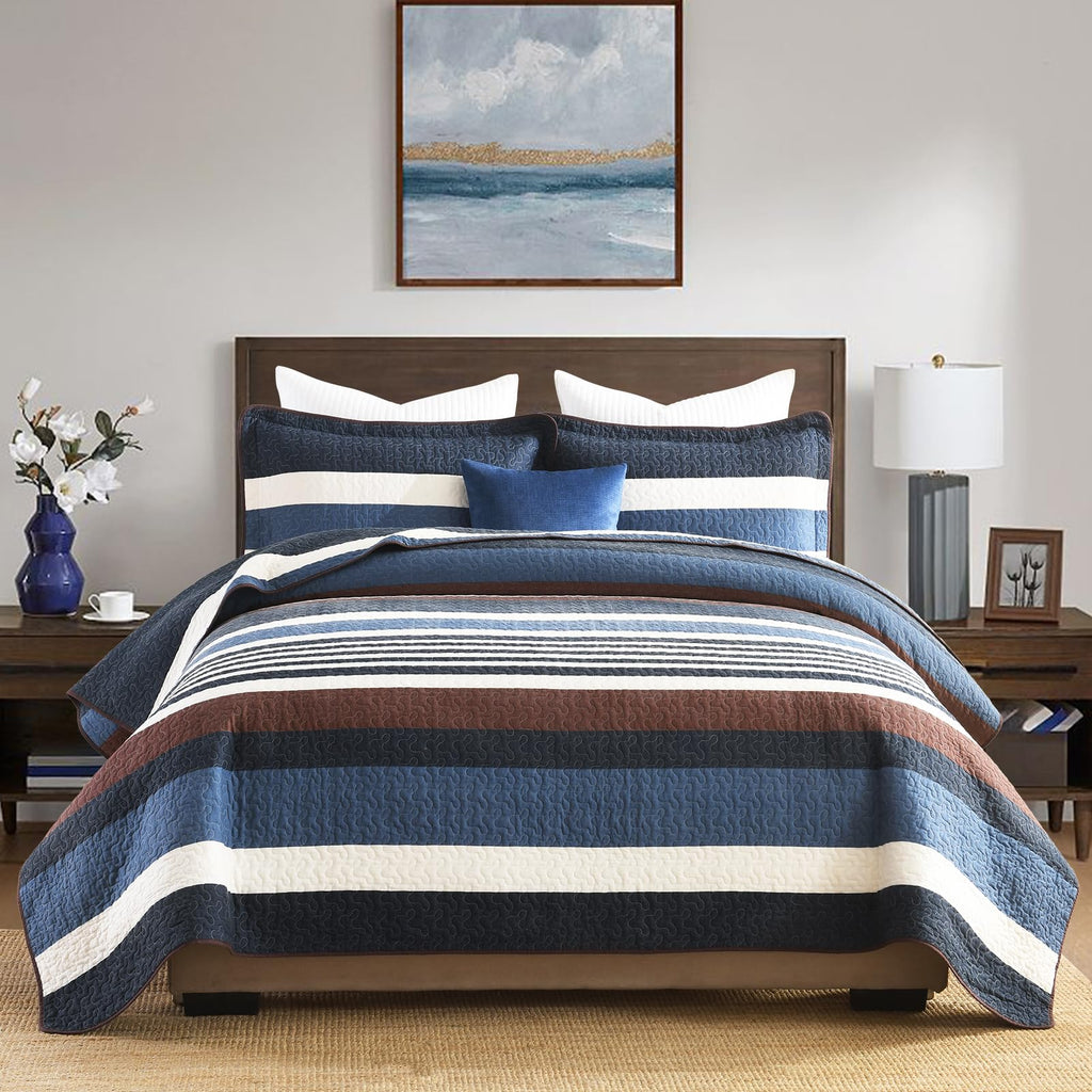 100% Cotton Quilt Set, Modern Stripe Pattern, Navy/Brown