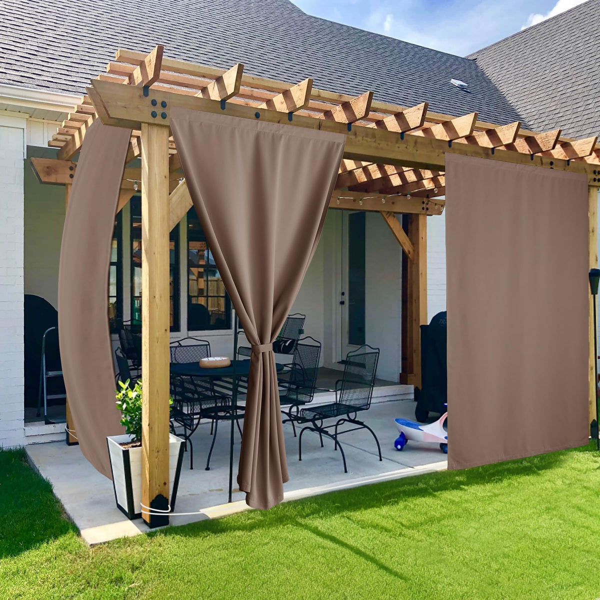 2 Panels Outdoor Curtains 96" L Mocha Adhesive Top