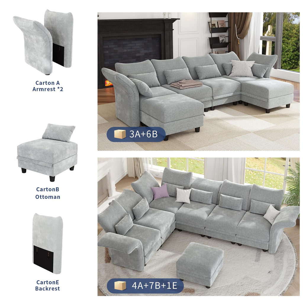L Shaped Sectional Sofa, 5-Seater Grey Chenille Modular Couch