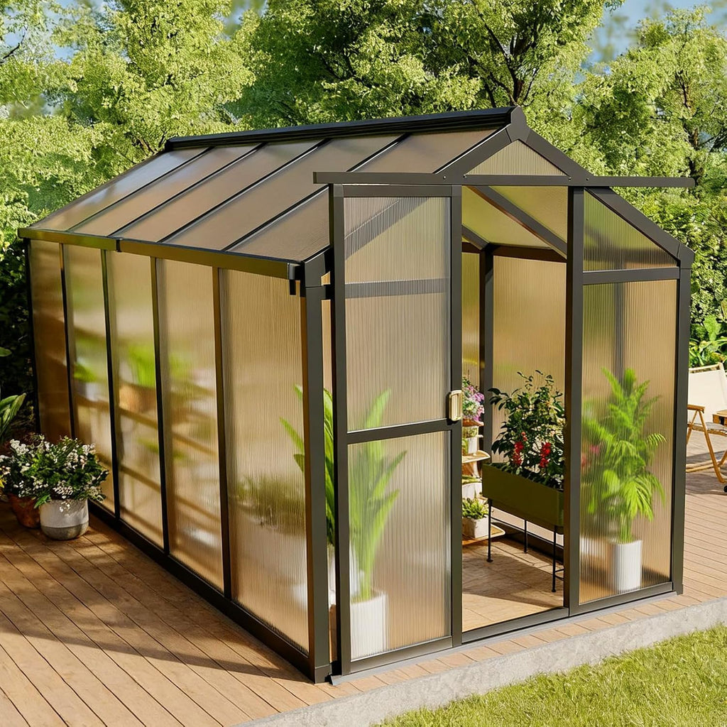 6x10 FT Greenhouse, Outdoor Sliding Door, Polycarbonate Greenhouse with Aluminum Frame, Lockable Door and Ajustable