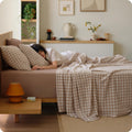 PureWoven Gingham Fall Sheets 100% Washed Cotton, Brown, 6PCS