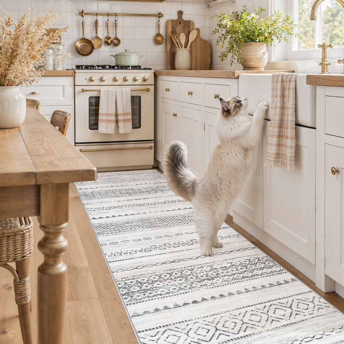 Runner Rug Kitchen Washable Rugs: 3x8 Non-Slip Boho Soft Modern Stain Resistant Indoor Floor Neutral Farmhouse Throw