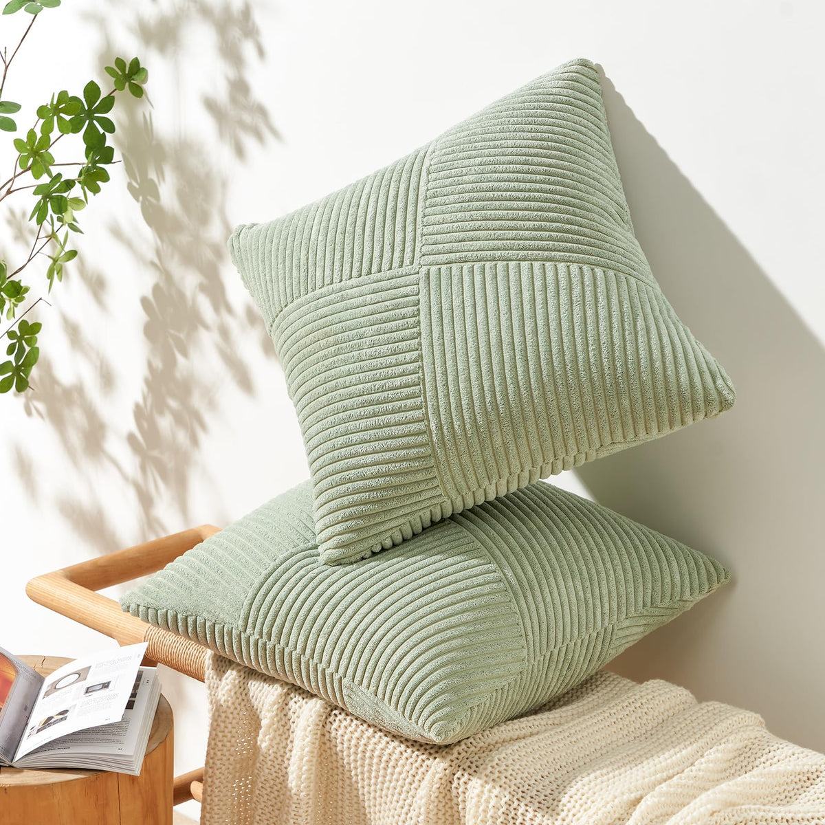 Decorative SageGreen Throw Pillow Covers 22x22 Inch, Soft Corduroy Pillow Covers Textured Striped Patchwork Cushion