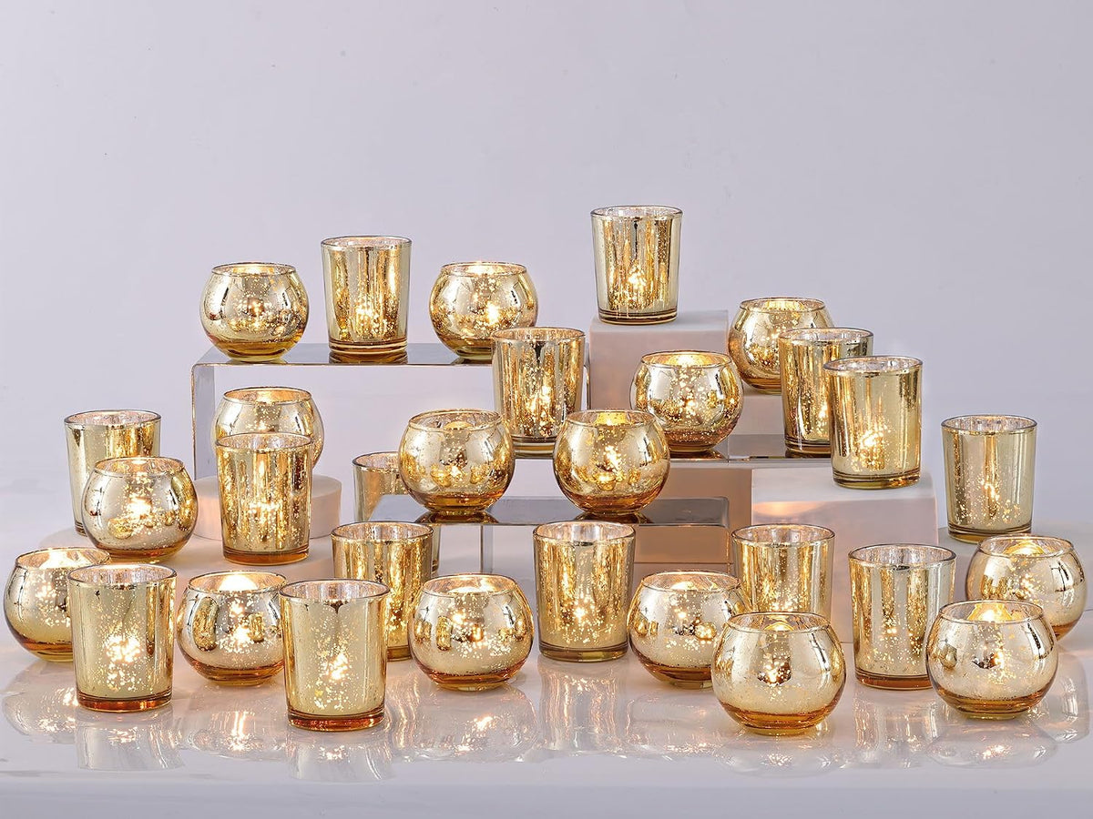 48PCS Assorted Gold Votive Candle Holders Bluk, Gold Wedding Decorations, Mercury Glass Candle Holder for Tea Lights