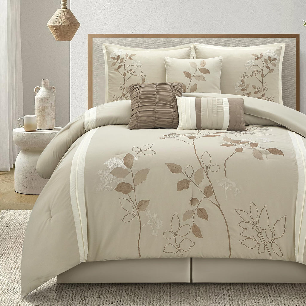 Beige Queen Comforter Set, 7 Pieces Bed in a Bag, Elegant Floral Leaves Embroidery, Soft and Lightweight All Seasons