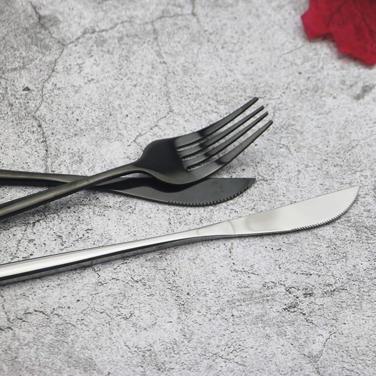 Silverware Set, Mirror Polished Black Flatware Cutlery Set Service for 4, Shiny Finish 24 Pieces Stainless Steel