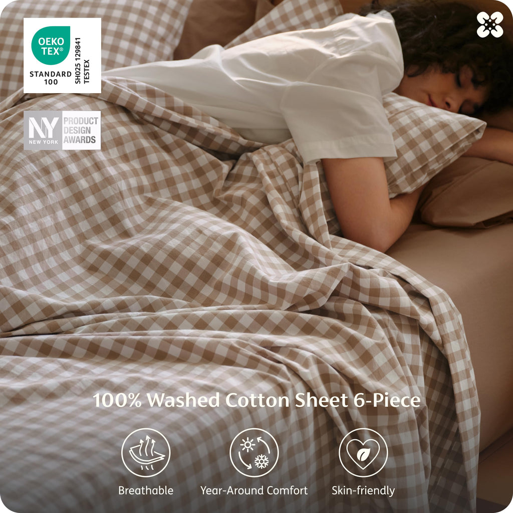 PureWoven Gingham Fall Sheets 100% Washed Cotton, Brown, 6PCS