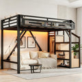 Twin XL Size Loft Bed with Stairs and Wardrobe,Heavy Duty Metal Loft Bed Frame with Shelves,LED Lights and Charging