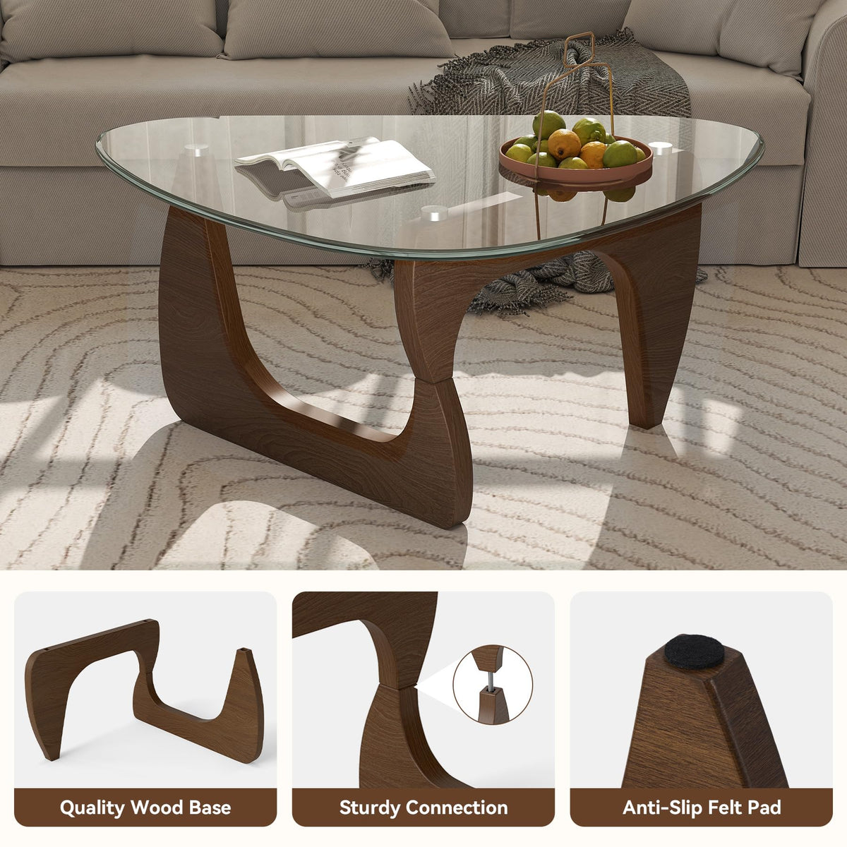 Inspired Noguchi Style Modern Glass Coffee Table, Triangle Center Table with Tempered Glass Top& Unique Wooden Base, 42.5" Mid Century Tea
