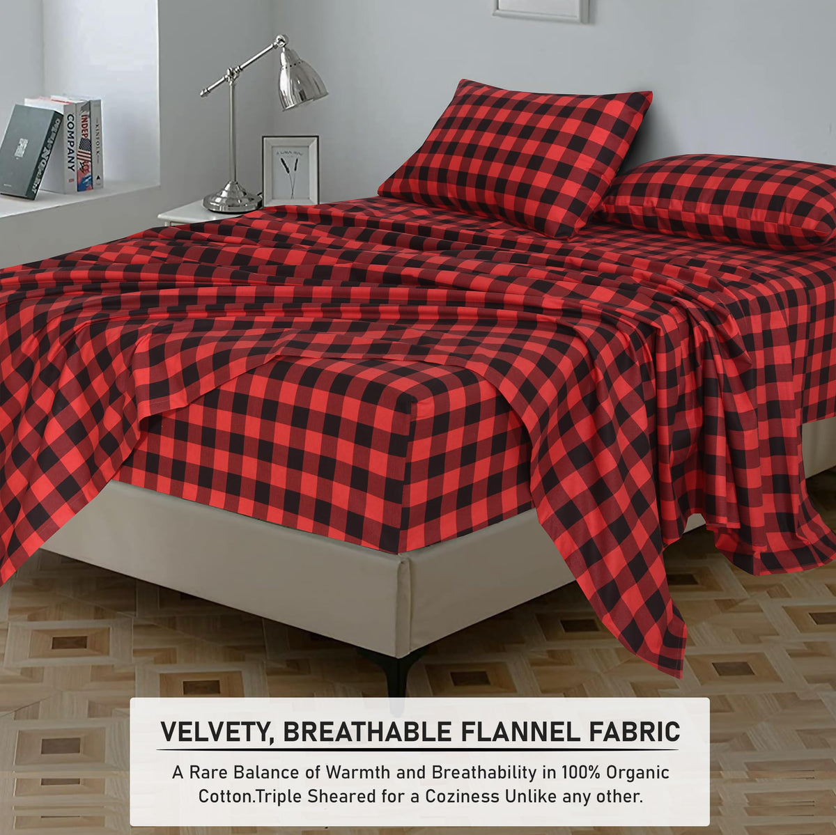 100% Cotton Flannel Sheets, 4 PCs, Red & Black Plaid