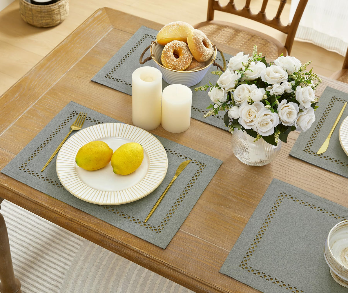 Farmhouse Burlap Place Mats, Grey Placemats Set of 4, 12 x 18 Inch