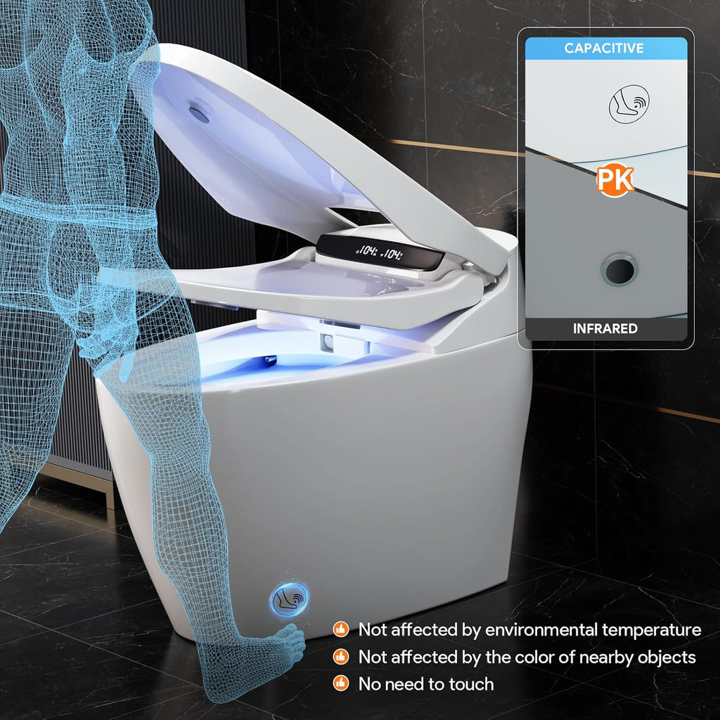 Smart Tankless Toilet with Built-In Bidet, Foam System, Foot Sensor Operation, Auto Open and Close Lid, Heated Seat, Multiple Wash Modes, Temperature Display